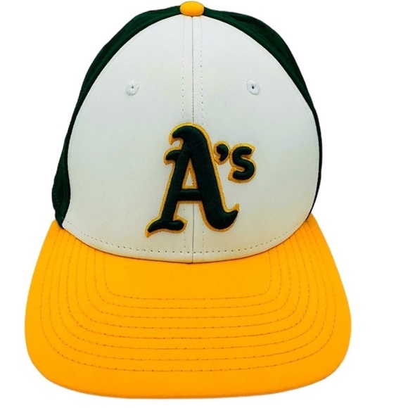 Oakland A's Athletics Domeheadwrar Fitted Baseball Cap‎ White Green Yellow S/M - Picture 1 of 10